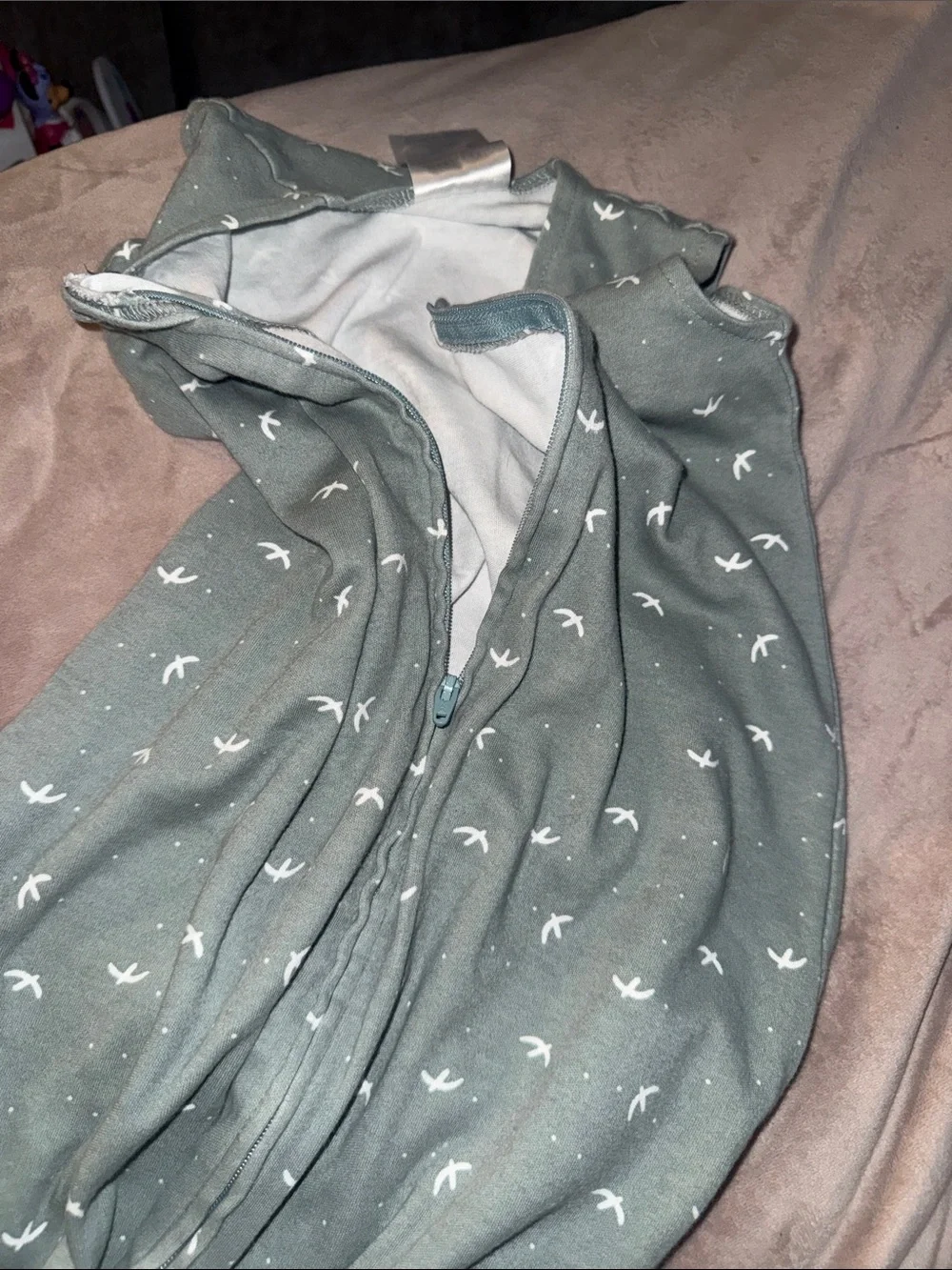 Halo Kids One-Piece Sleep Sack in Sage Green with White Bird Print